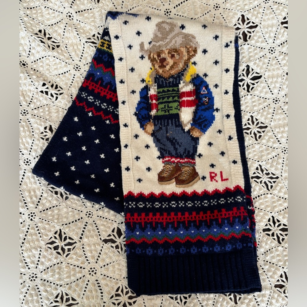 ✨POLO RALPH LAUREN Men's Holiday Intarsia Polo Bear Scarf Merino Wool